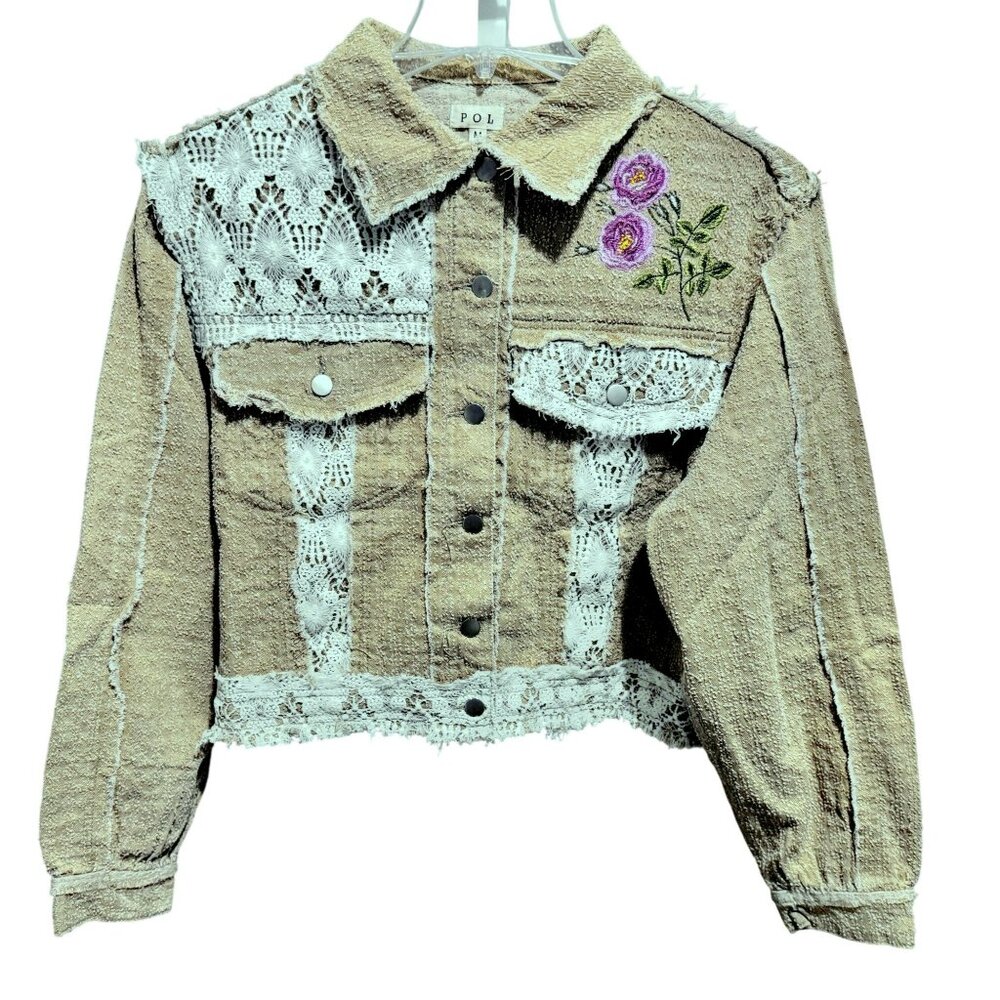 POL Peace Embroidered Floral Lace Detail Frayed Edges Tan Jacket Boho Artsy NEW
